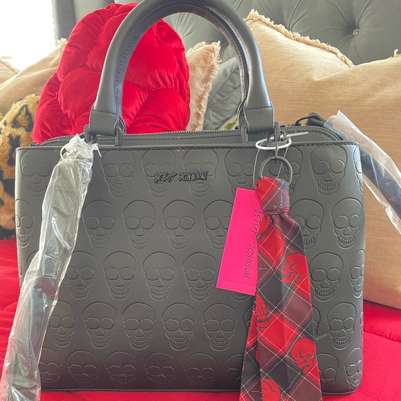 Betsey Johnson Handbags - Large Betsey Johnson Charcoal Skull Embossed Bag with Red Plaid Scarf